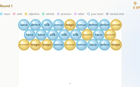 The Word Bubbles board: rows of bubbles labelled with English meanings and a loaded word ready to shoot