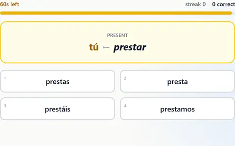 A Conjugation Sprint question: a pronoun and infinitive with four conjugated endings to pick from