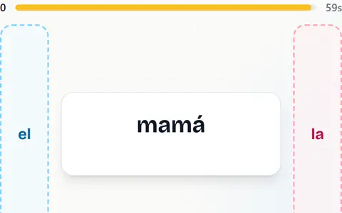 The Gender Swiper mid round: a noun card between two article drop zones with the timer running