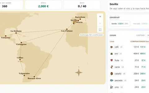 The Trader game in play: a voyage map of ports and a market panel with goods to buy and sell