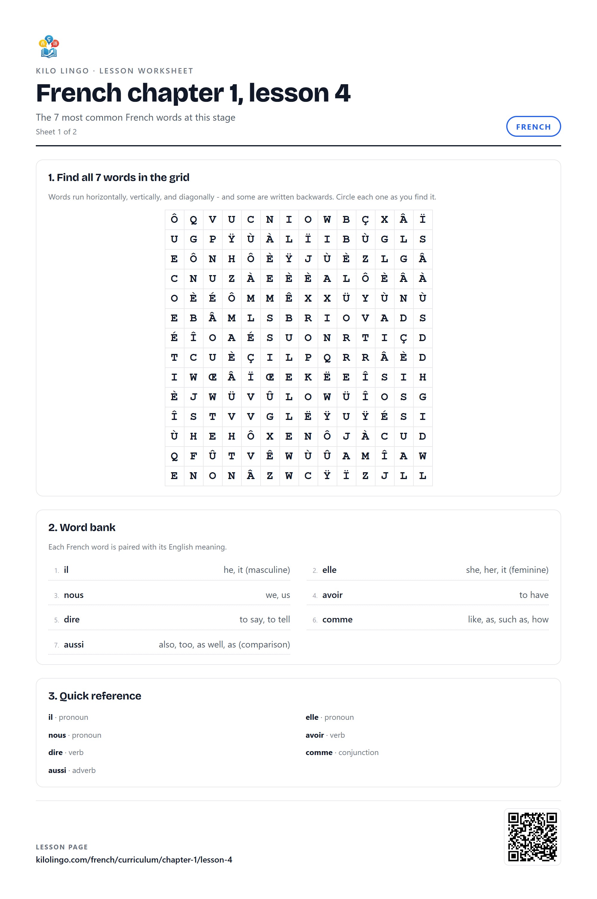 French worksheet: More people, more words