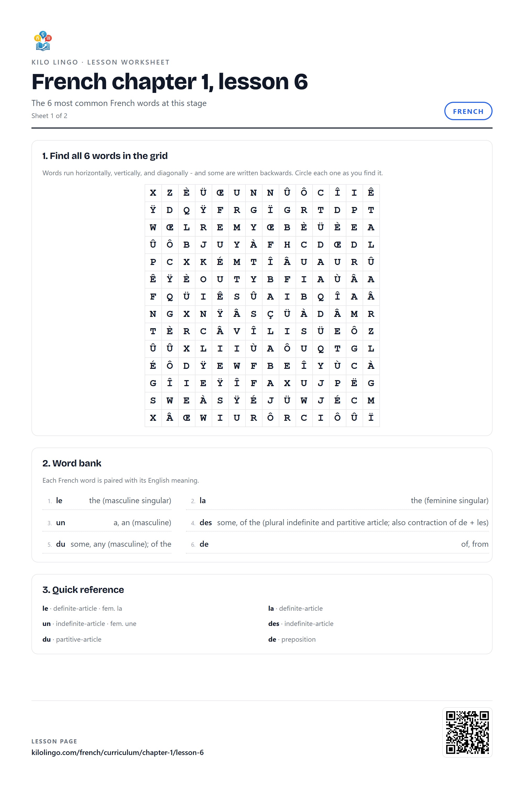 French worksheet: French articles