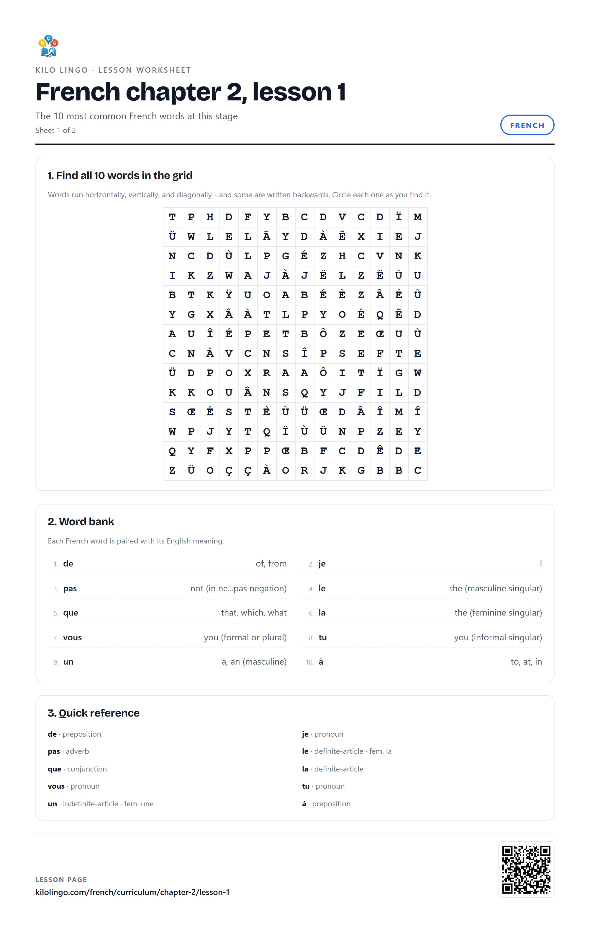 French worksheet: Words ranked 1 to 12