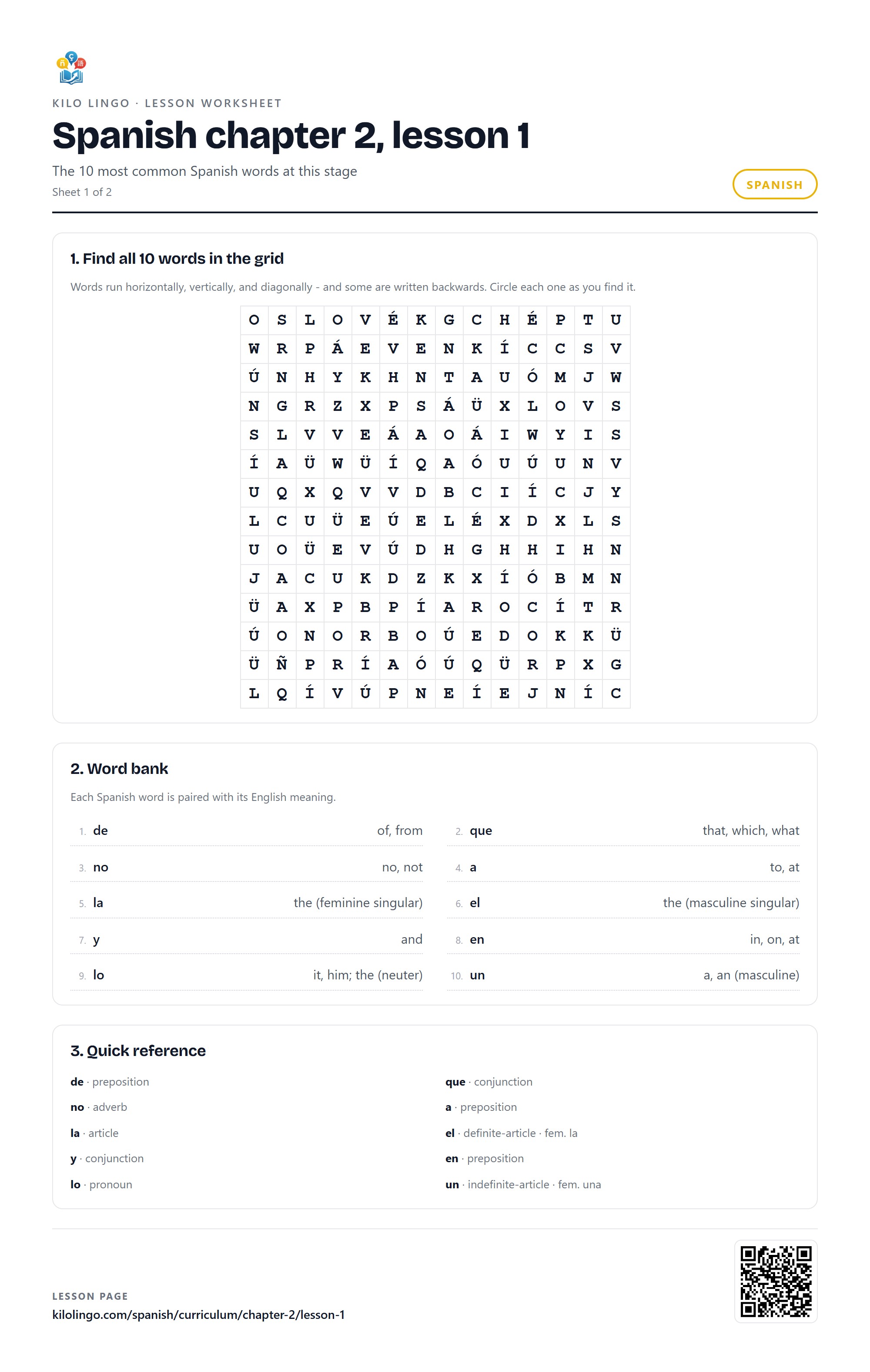 Spanish worksheet: Words ranked 1 to 11