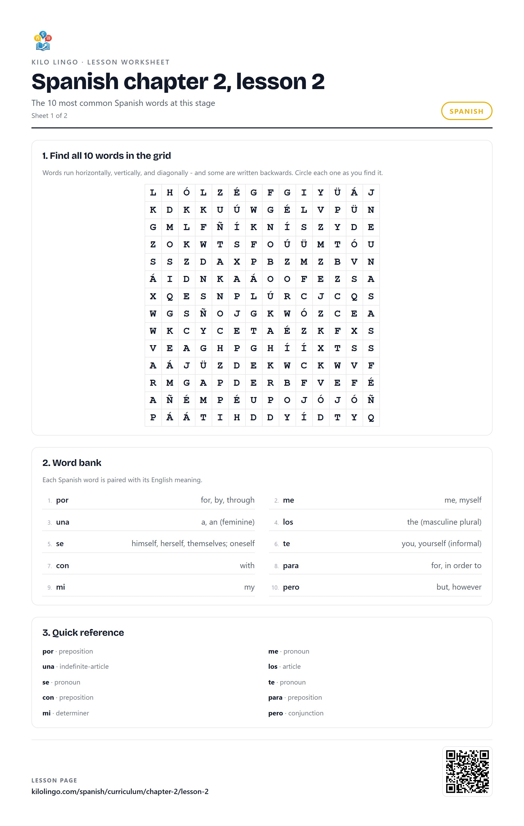 Spanish worksheet: Words ranked 12 to 22
